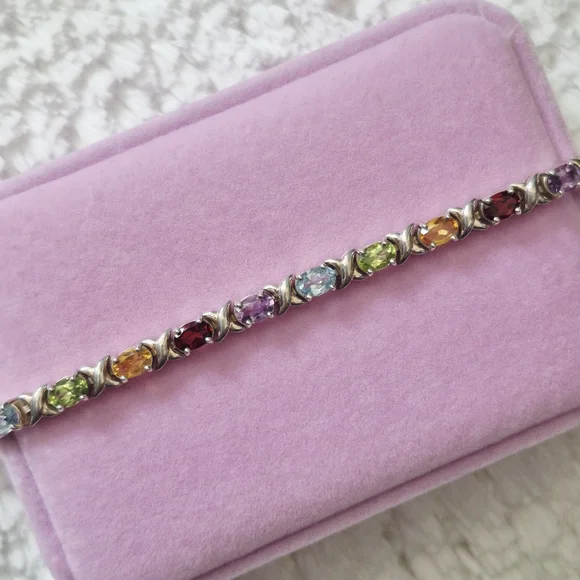 Vintage Sterling Silver XO Multi-Color Gemstone Tennis Bracelet - Picture 4 of 12